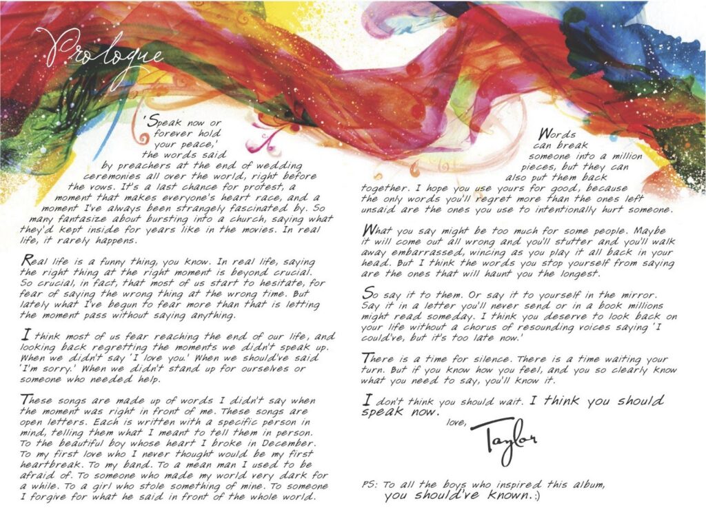 Speak Now Prologue, written by Taylor Swift (2010)