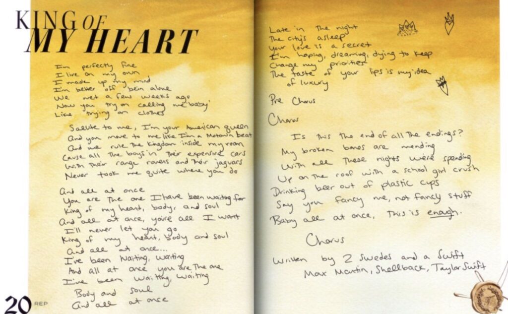 King of My Heart: Handwritten Lyrics (reputation, 2017)