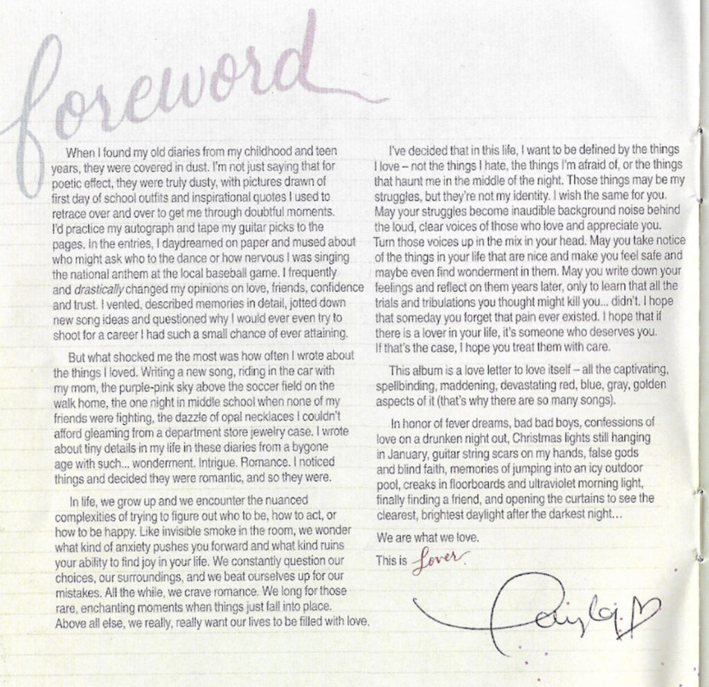 Lover Foreword, written by Taylor Swift (2019)